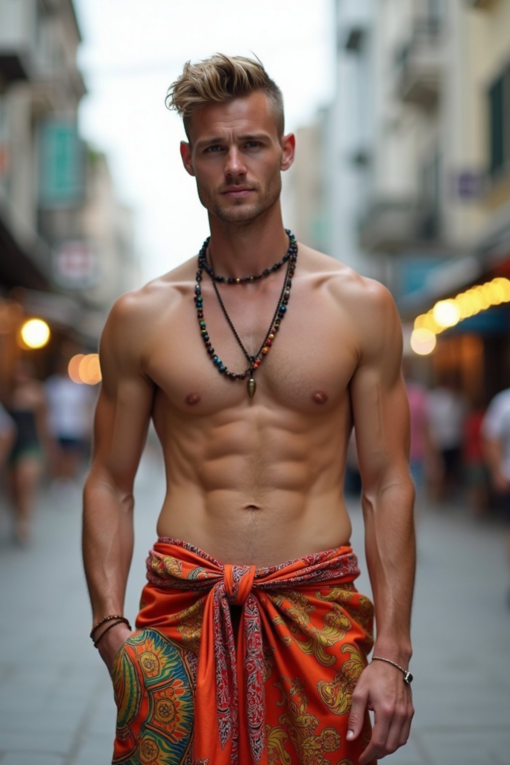 sharp and trendy man in Thailand wearing a vibrant sarong, Bangkok in the background