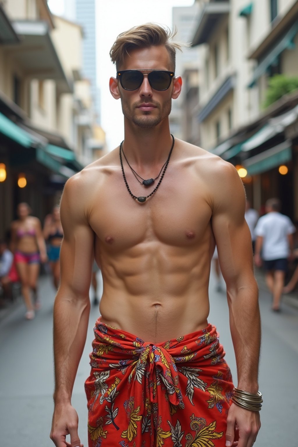 sharp and trendy man in Thailand wearing a vibrant sarong, Bangkok in the background