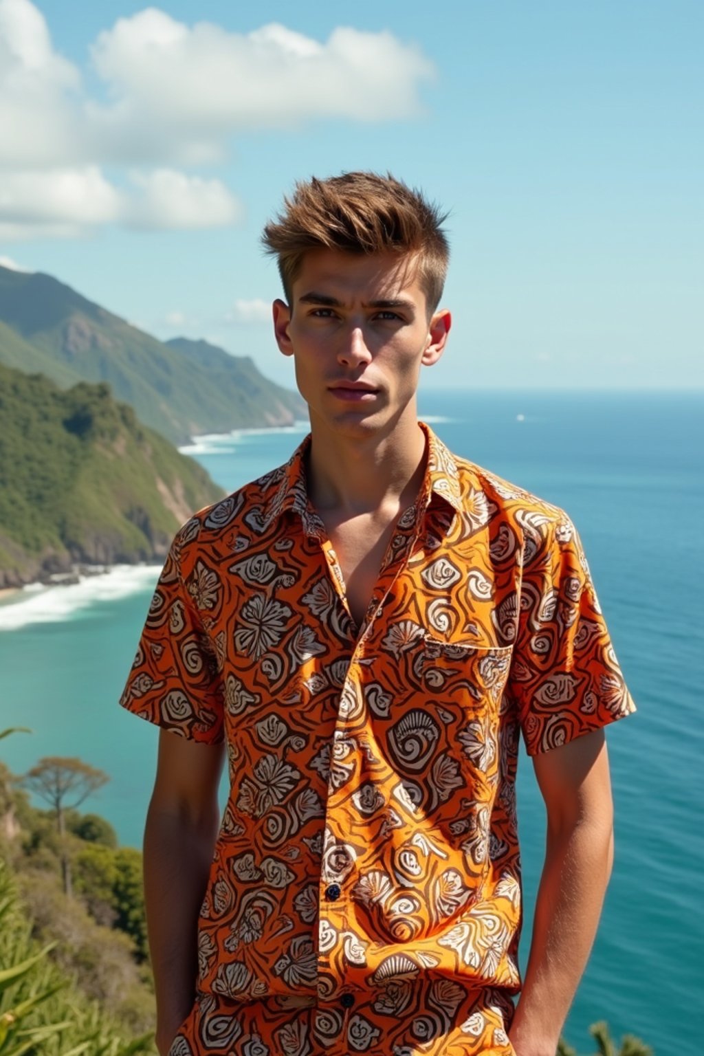 sharp and trendy man in Bali wearing vibrant Batik clothes, Bali, Indonesia in the background