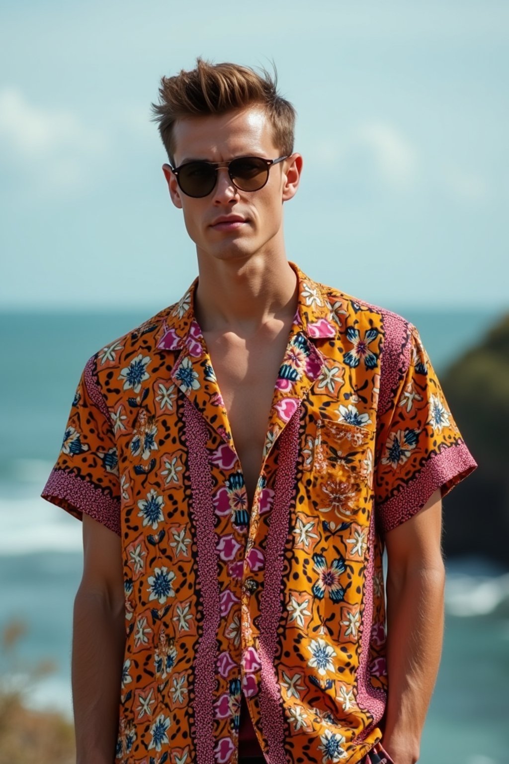 sharp and trendy man in Bali wearing vibrant Batik clothes, Bali, Indonesia in the background