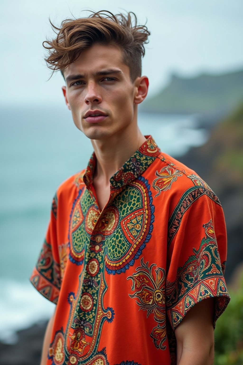 sharp and trendy man in Bali wearing vibrant Batik clothes, Bali, Indonesia in the background