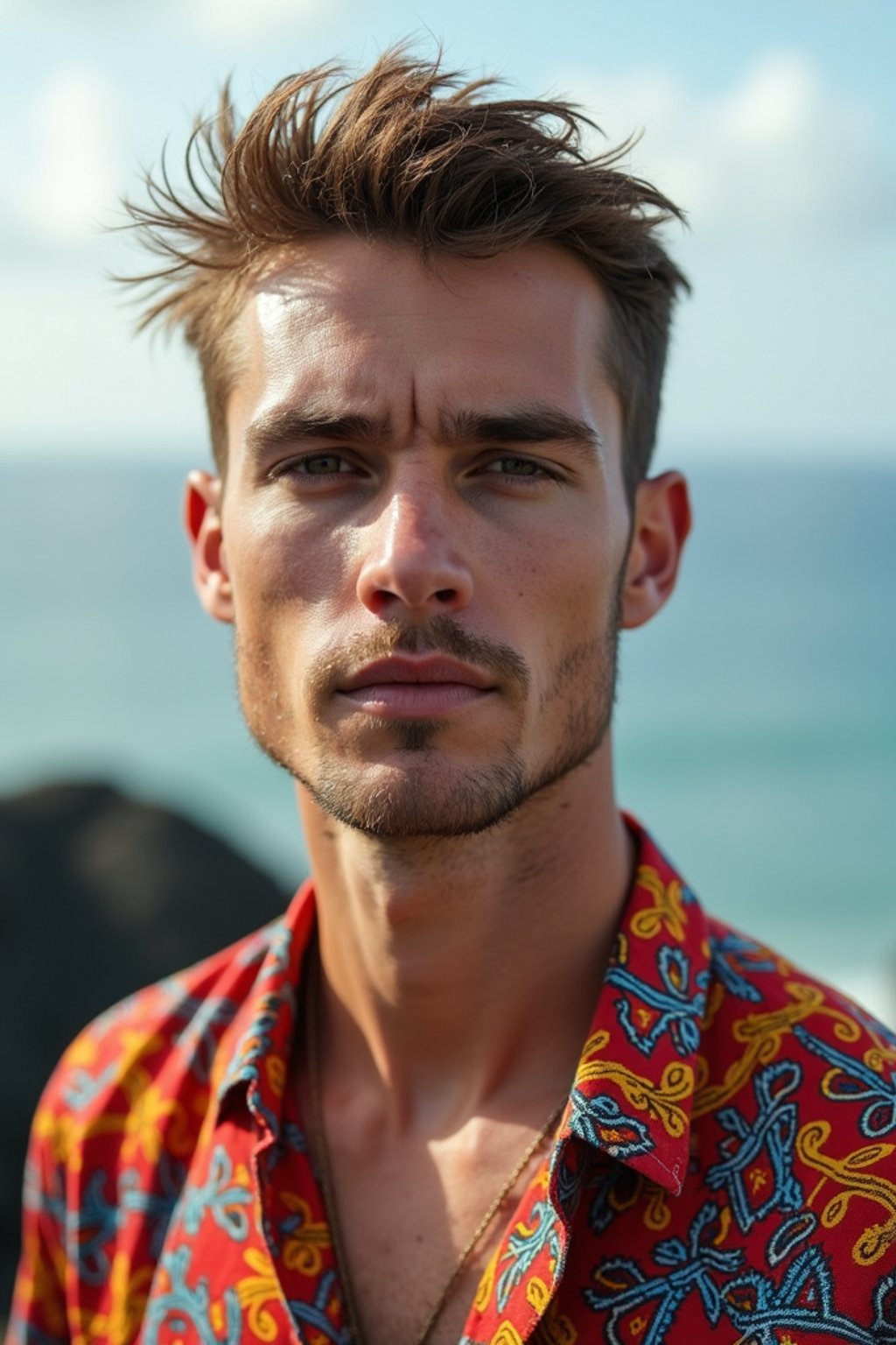 sharp and trendy man in Bali wearing vibrant Batik clothes, Bali, Indonesia in the background