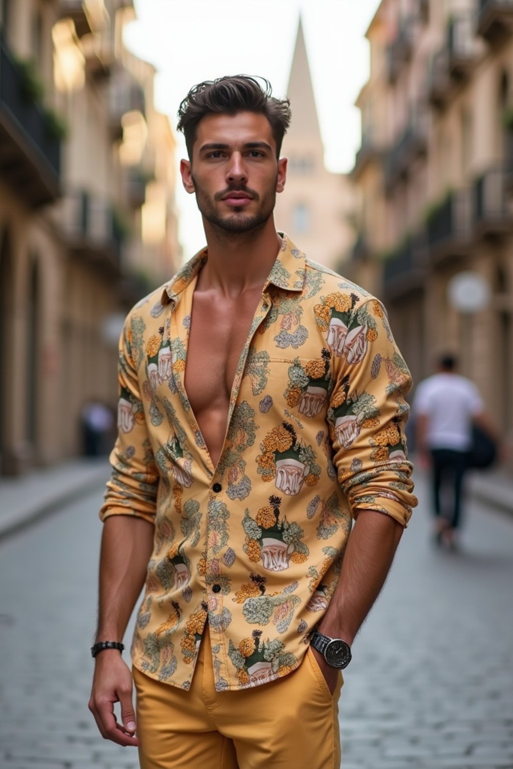 sharp and trendy man in Barcelona wearing a stylish summer outfit, La Sagrada Família in the background