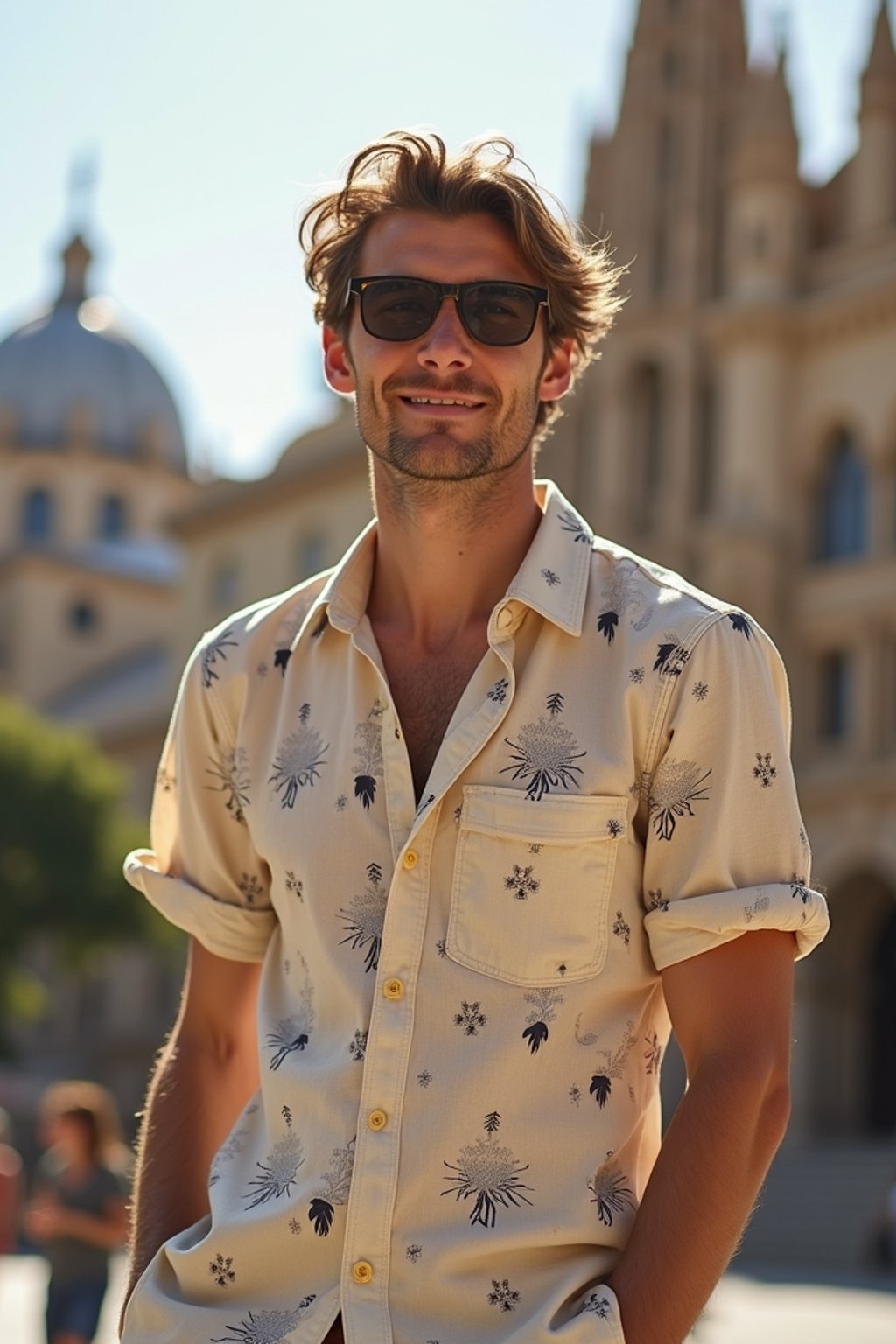 sharp and trendy man in Barcelona wearing a stylish summer outfit, La Sagrada Família in the background