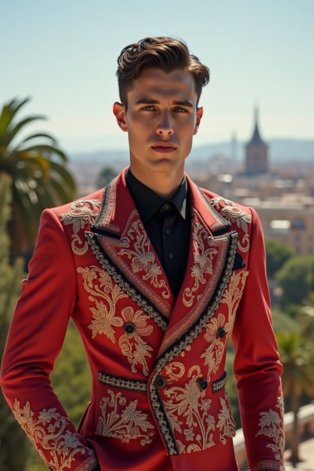 sharp and trendy man in Barcelona wearing a flamenco-inspired dress/suit, Park Güell in the background