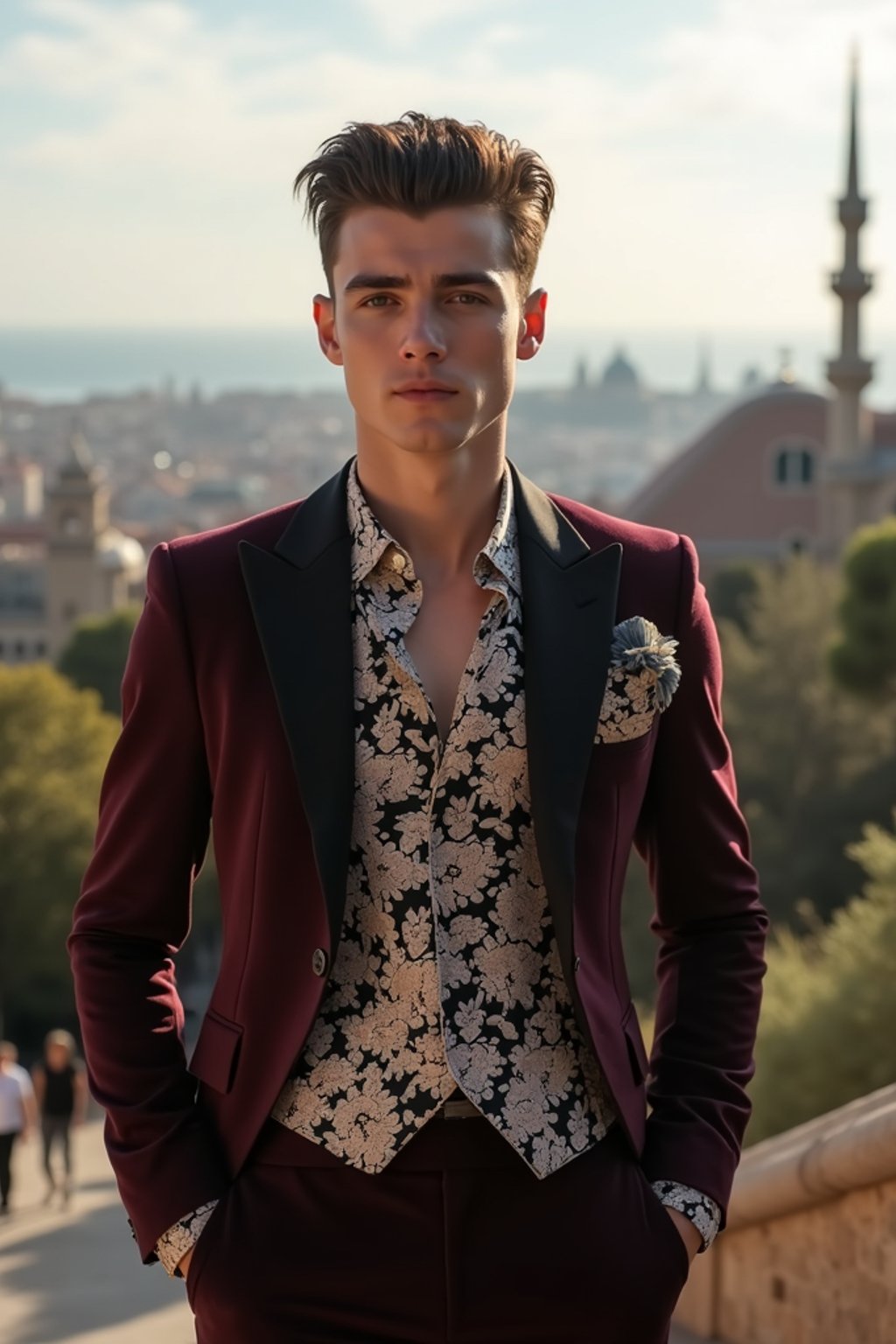 sharp and trendy man in Barcelona wearing a flamenco-inspired dress/suit, Park Güell in the background