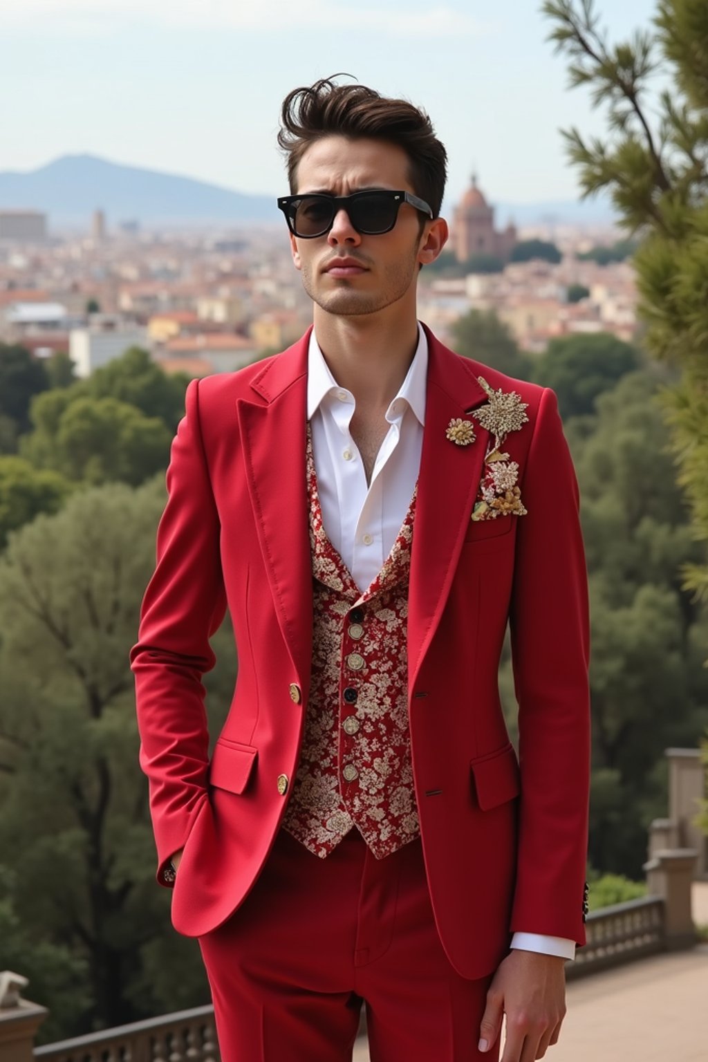 sharp and trendy man in Barcelona wearing a flamenco-inspired dress/suit, Park Güell in the background