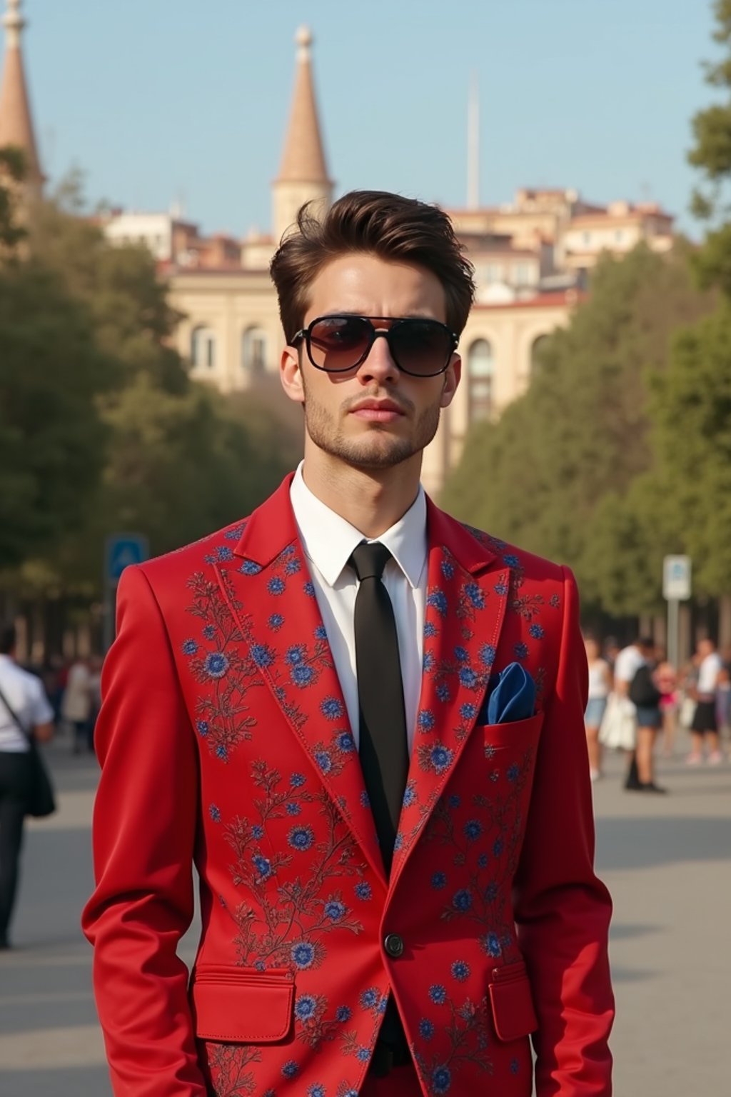 sharp and trendy man in Barcelona wearing a flamenco-inspired dress/suit, Park Güell in the background