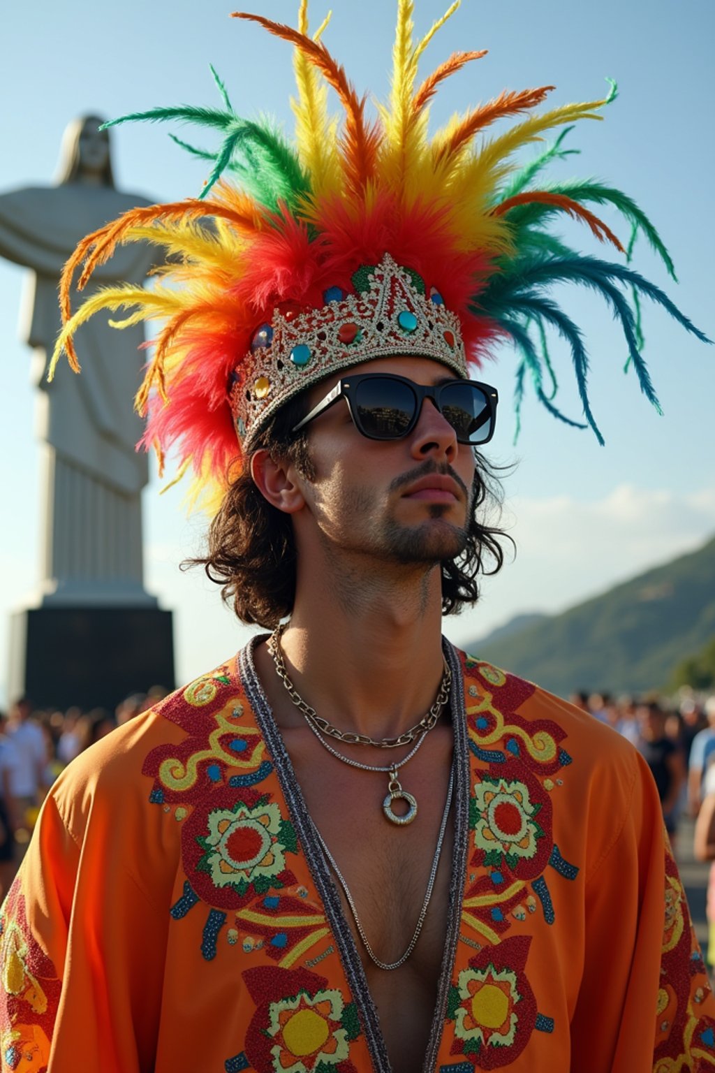 sharp and trendy man in Rio de Janeiro wearing a vibrant carnival-inspired costume, Christ the Redeemer statue in the background