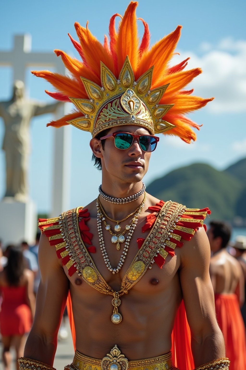 sharp and trendy man in Rio de Janeiro wearing a vibrant carnival-inspired costume, Christ the Redeemer statue in the background