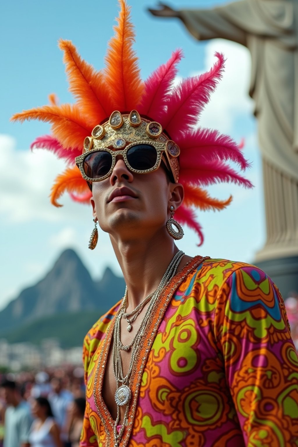 sharp and trendy man in Rio de Janeiro wearing a vibrant carnival-inspired costume, Christ the Redeemer statue in the background