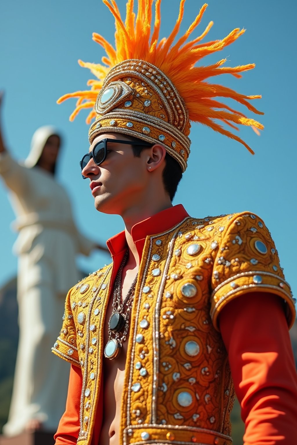 sharp and trendy man in Rio de Janeiro wearing a vibrant carnival-inspired costume, Christ the Redeemer statue in the background