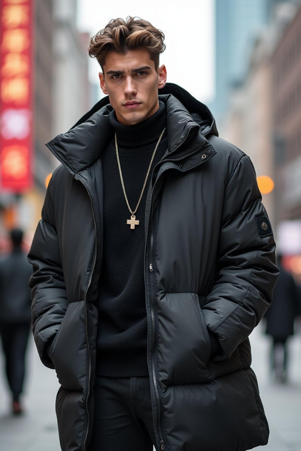 sharp and trendy man in Shanghai wearing a contemporary streetwear outfit, Nanjing Road in the background