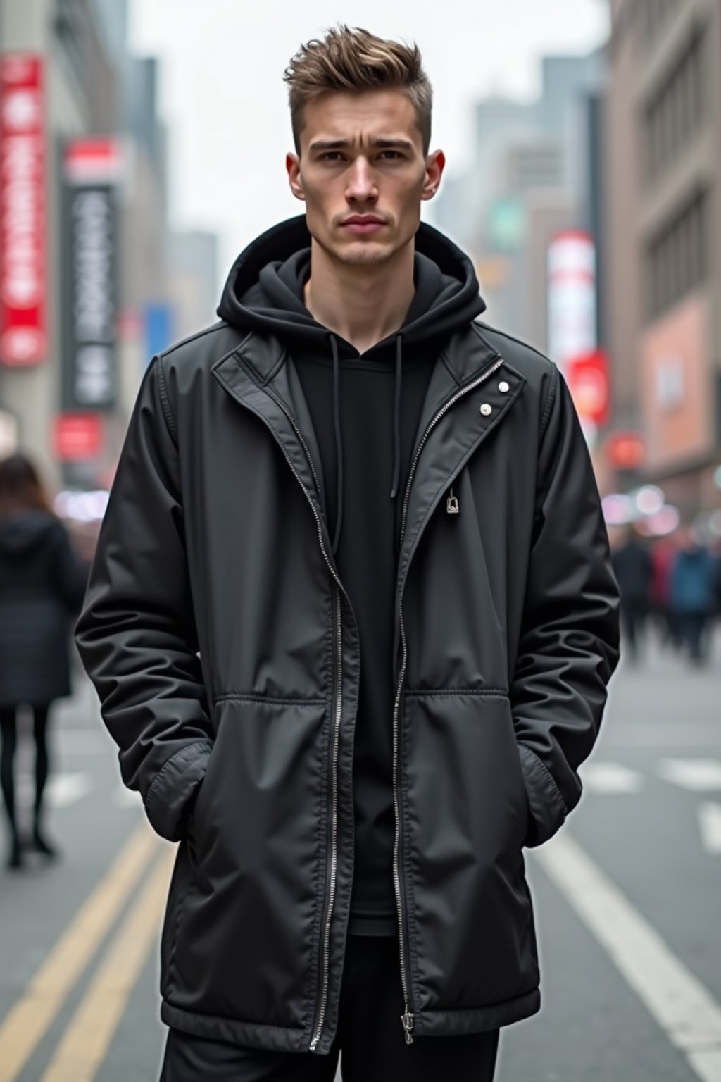 sharp and trendy man in Shanghai wearing a contemporary streetwear outfit, Nanjing Road in the background