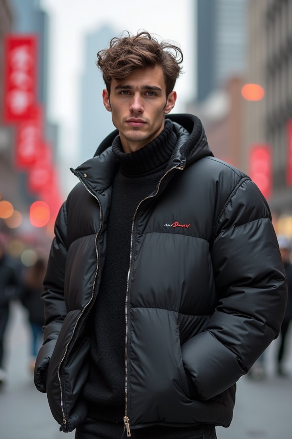 sharp and trendy man in Shanghai wearing a contemporary streetwear outfit, Nanjing Road in the background