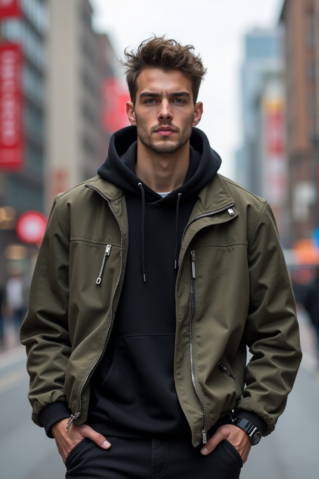 sharp and trendy man in Shanghai wearing a contemporary streetwear outfit, Nanjing Road in the background