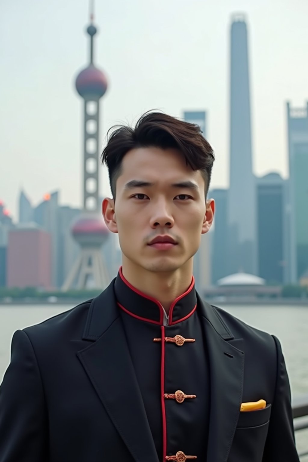 sharp and trendy man in Shanghai wearing a traditional qipao/mandarin-collar suit, modern skyline in the background