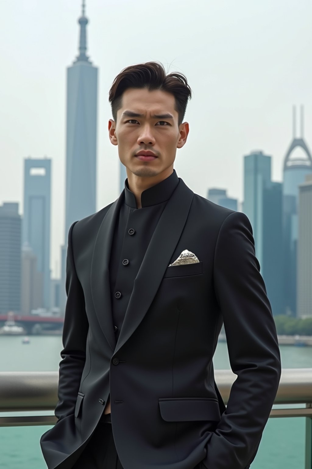 sharp and trendy man in Shanghai wearing a traditional qipao/mandarin-collar suit, modern skyline in the background