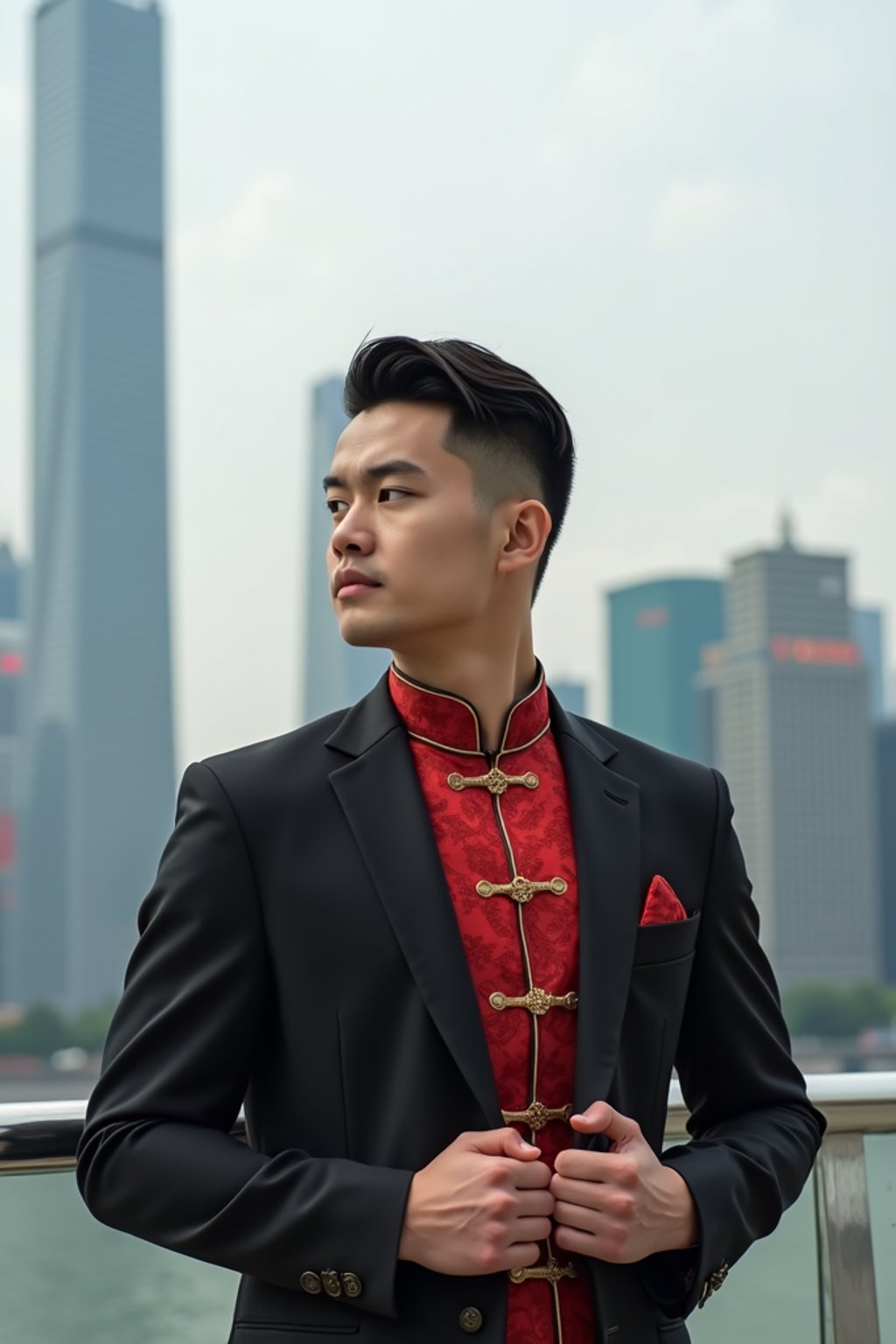 sharp and trendy man in Shanghai wearing a traditional qipao/mandarin-collar suit, modern skyline in the background