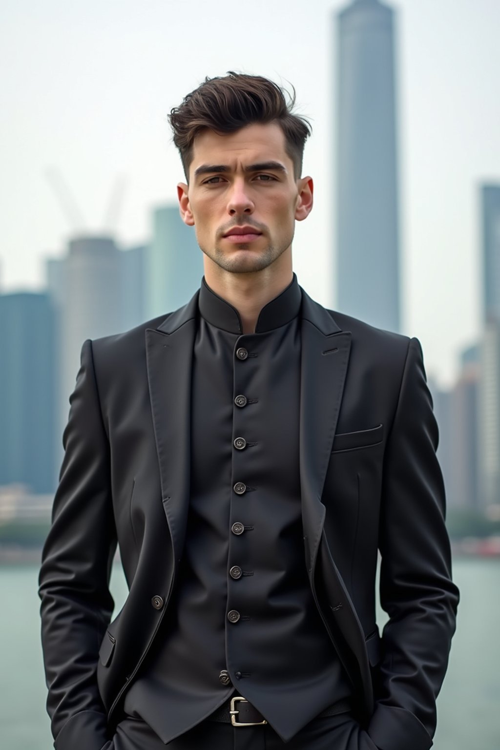 sharp and trendy man in Shanghai wearing a traditional qipao/mandarin-collar suit, modern skyline in the background