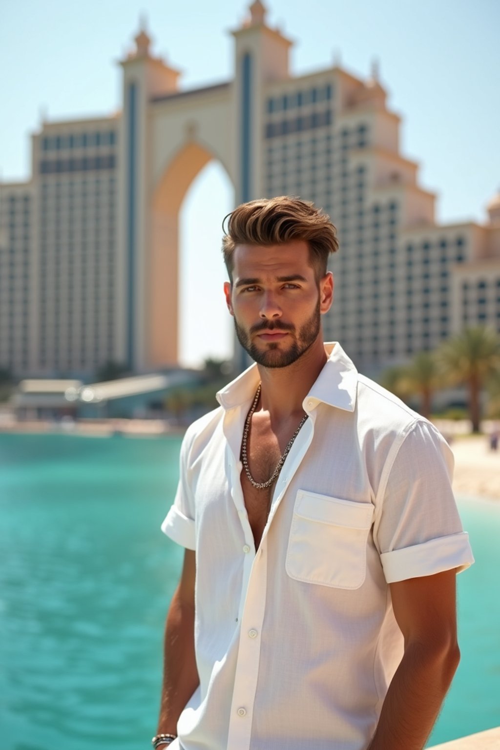 sharp and trendy man in Dubai wearing a stylish sundress/linen shirt, the Atlantis hotel in the background