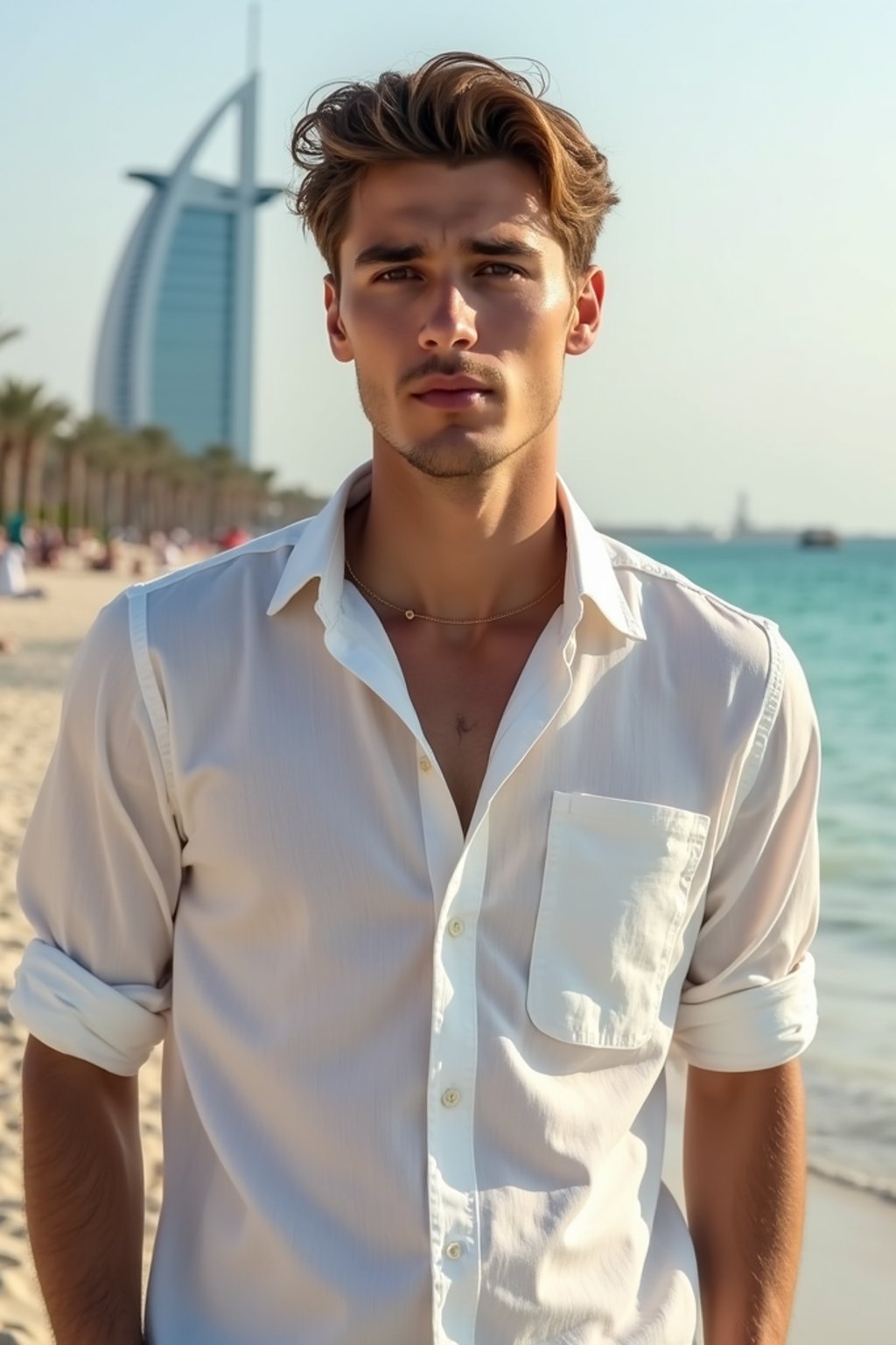 sharp and trendy man in Dubai wearing a stylish sundress/linen shirt, the Atlantis hotel in the background