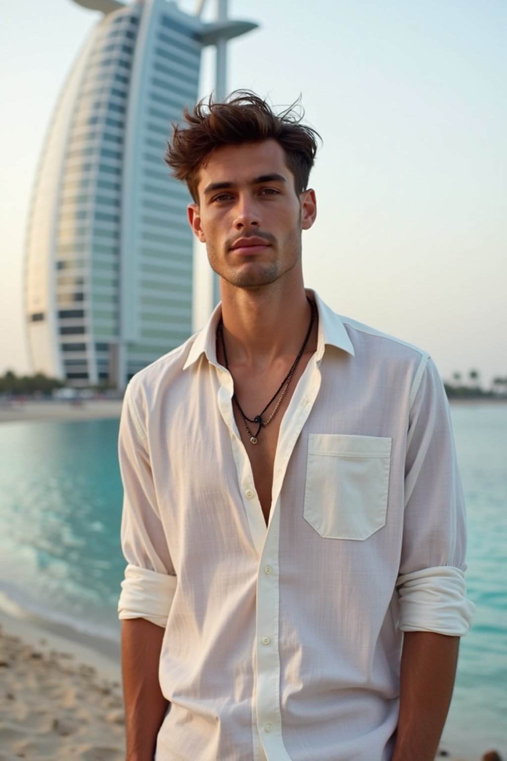 sharp and trendy man in Dubai wearing a stylish sundress/linen shirt, the Atlantis hotel in the background