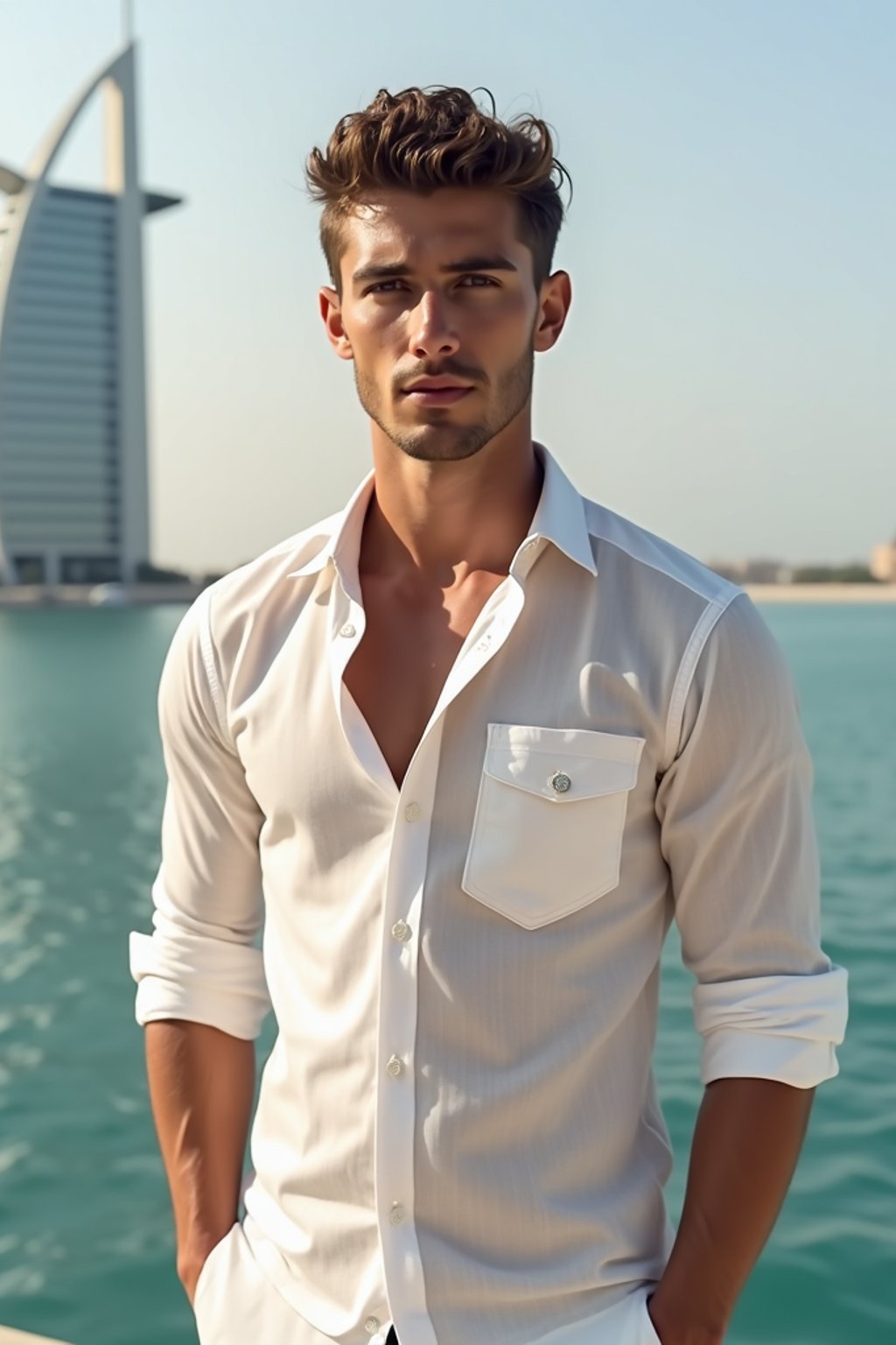 sharp and trendy man in Dubai wearing a stylish sundress/linen shirt, the Atlantis hotel in the background