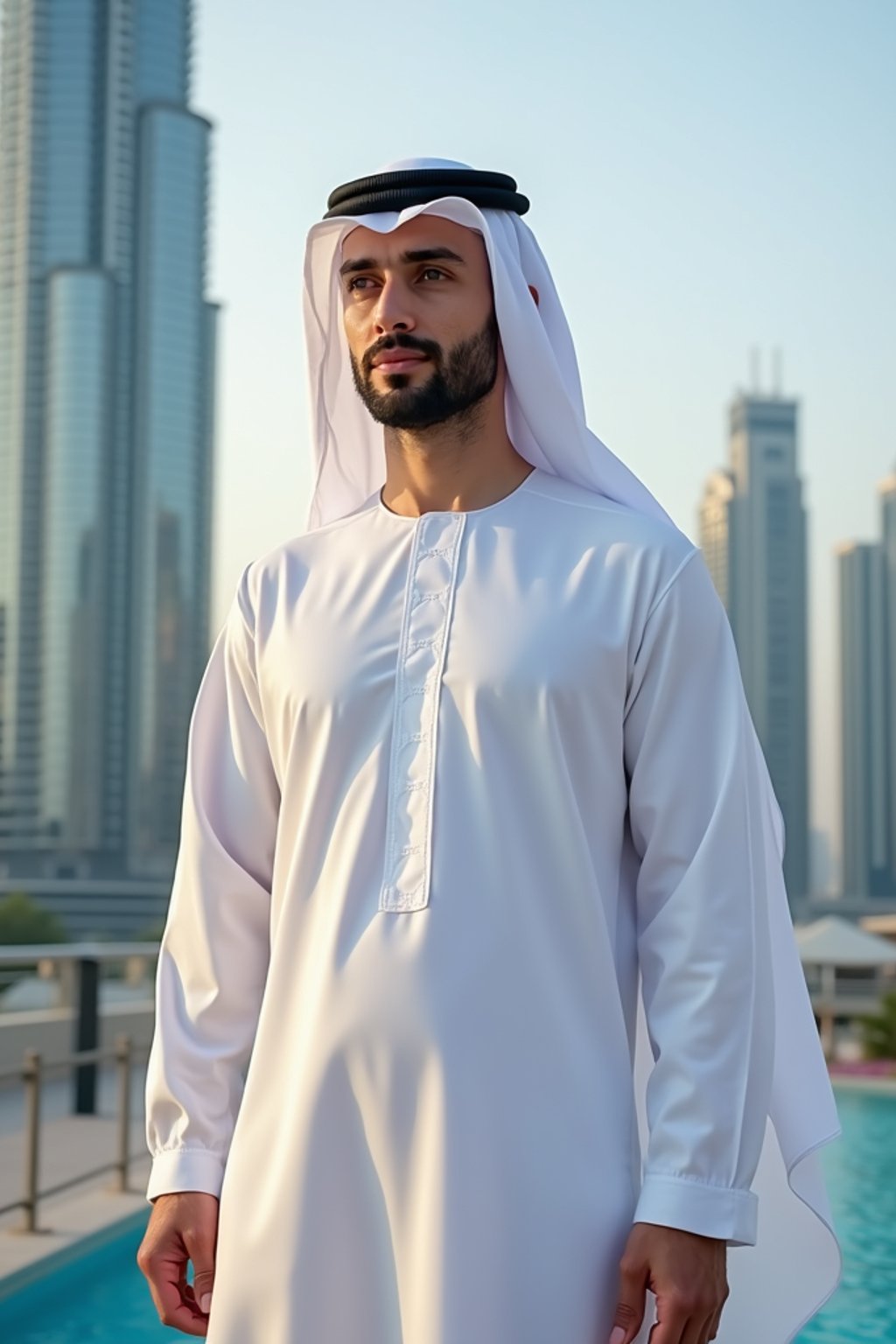 sharp and trendy man in Dubai wearing a modern, chic abaya/thobe, skyscrapers of Dubai in the background