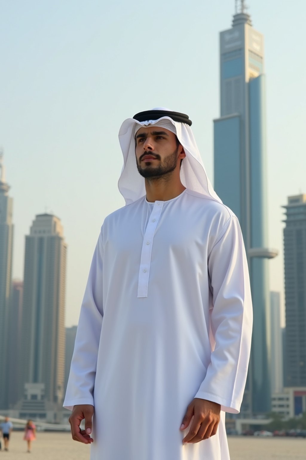 sharp and trendy man in Dubai wearing a modern, chic abaya/thobe, skyscrapers of Dubai in the background