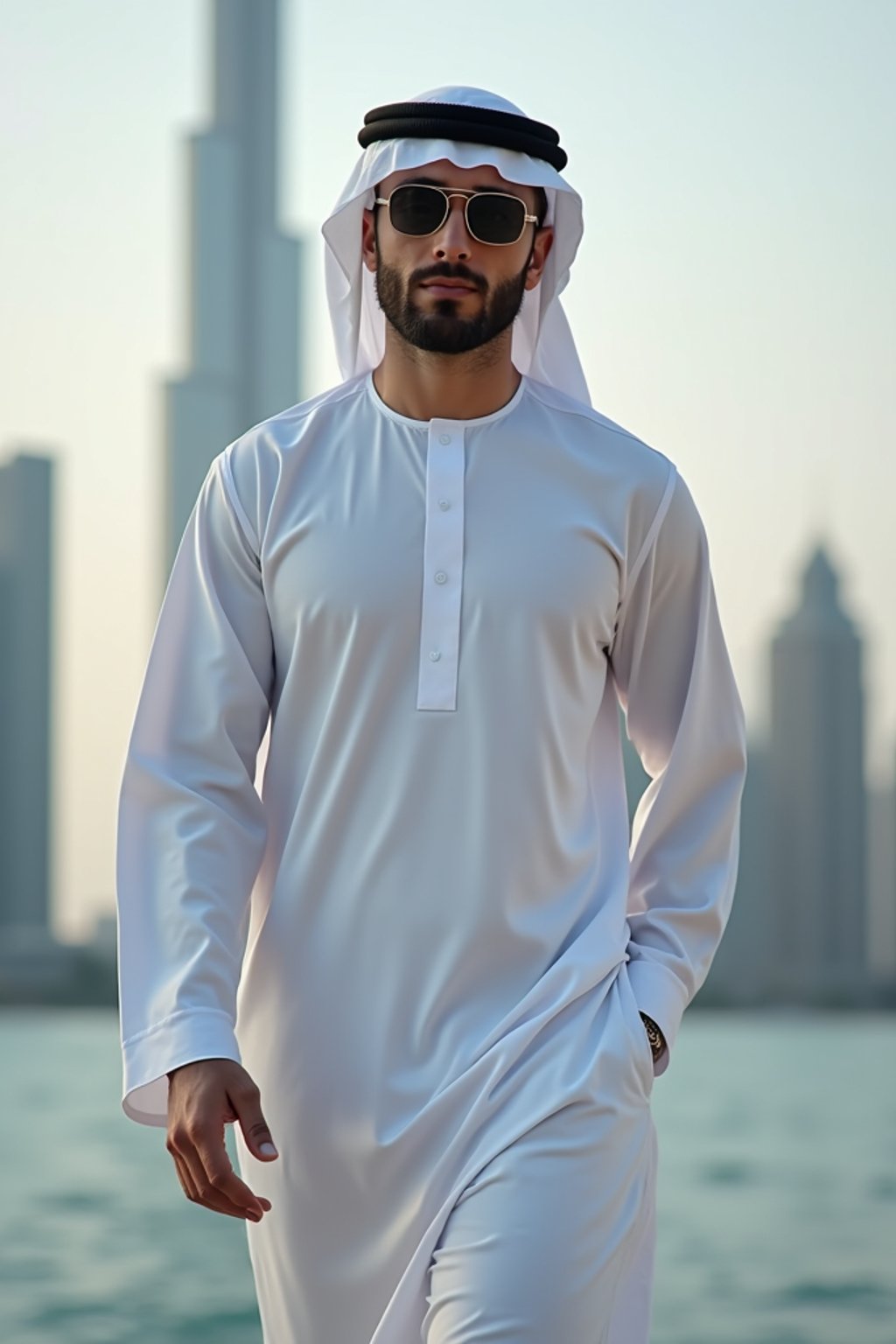 sharp and trendy man in Dubai wearing a modern, chic abaya/thobe, skyscrapers of Dubai in the background