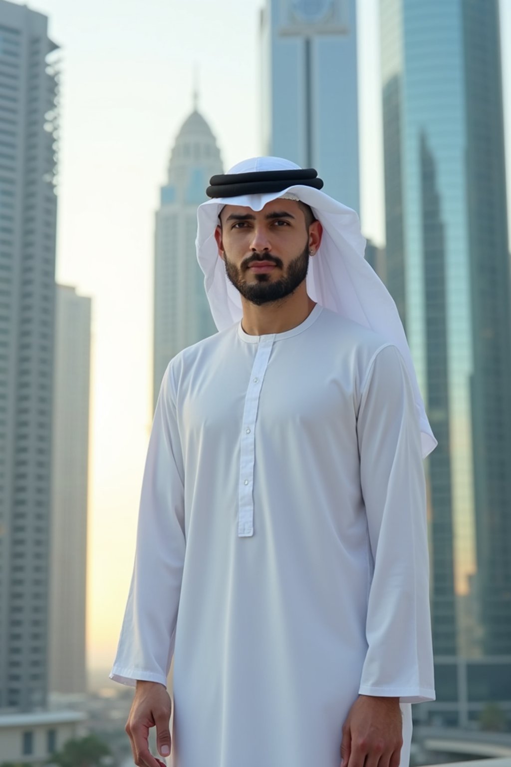 sharp and trendy man in Dubai wearing a modern, chic abaya/thobe, skyscrapers of Dubai in the background