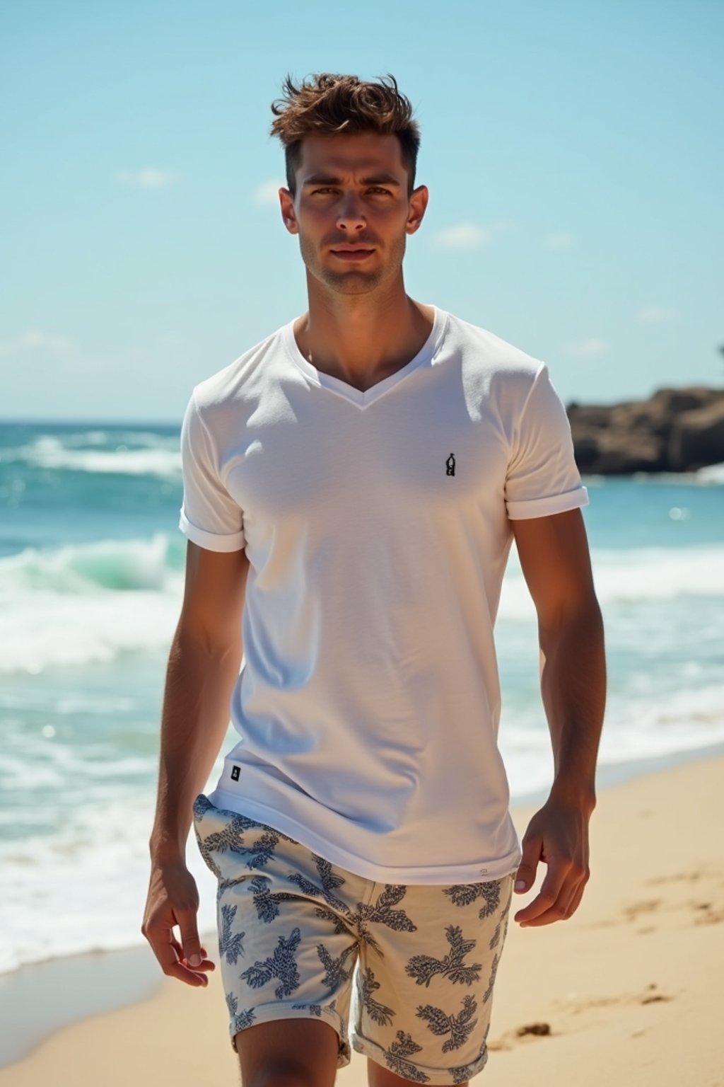 sharp and trendy man in Sydney wearing a summer dress/shorts and t-shirt, Bondi Beach in the background