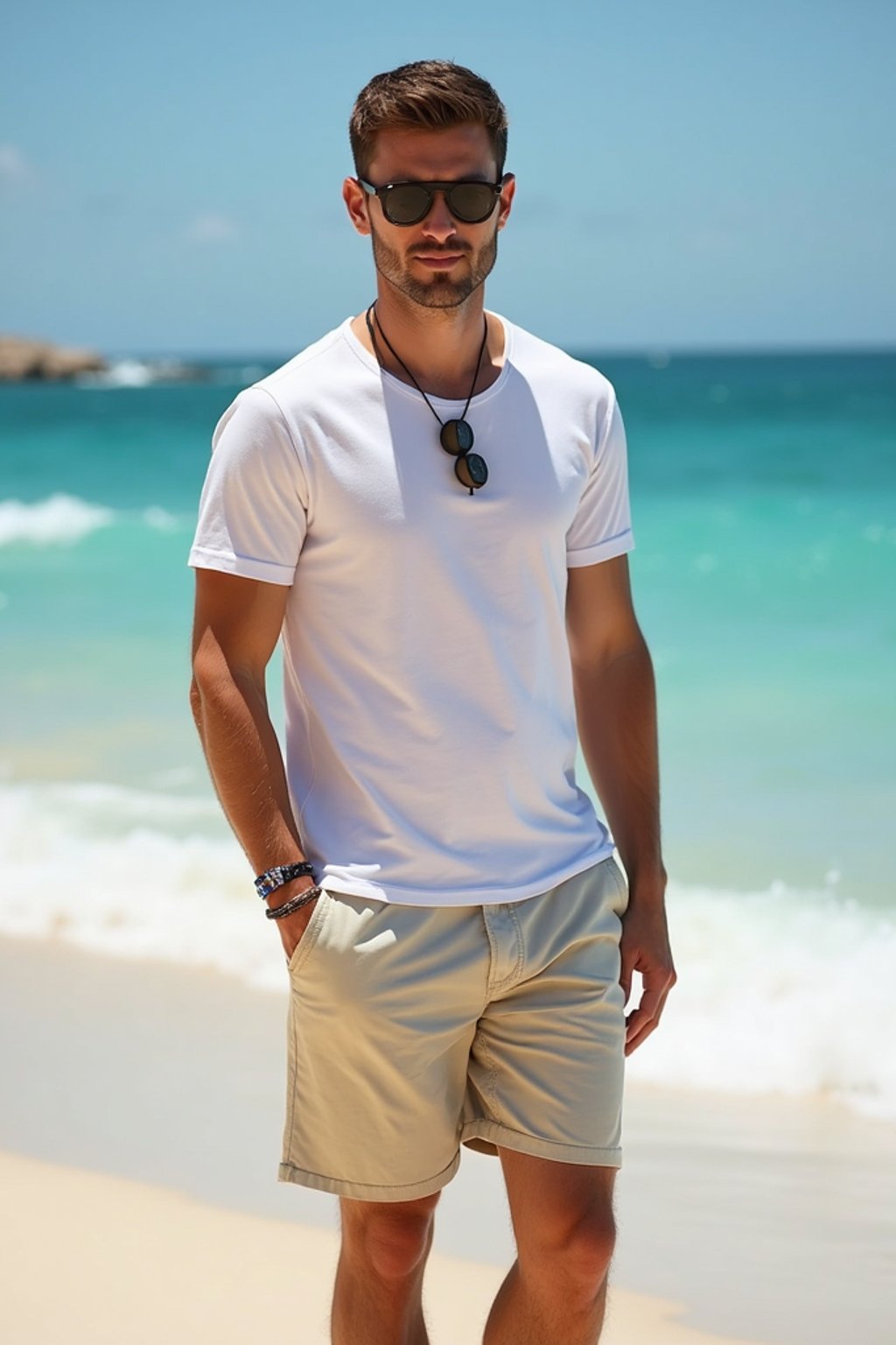 sharp and trendy man in Sydney wearing a summer dress/shorts and t-shirt, Bondi Beach in the background