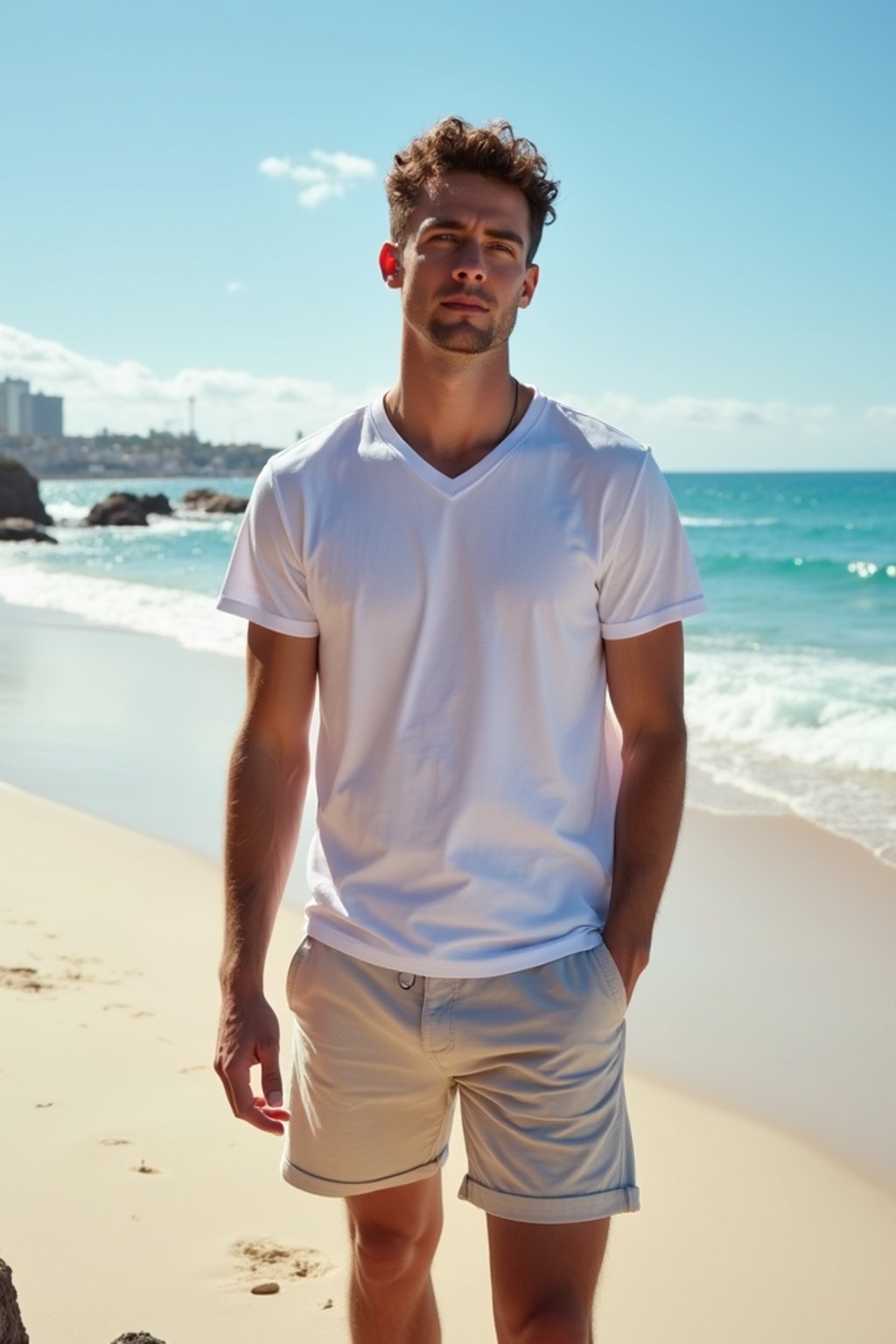 sharp and trendy man in Sydney wearing a summer dress/shorts and t-shirt, Bondi Beach in the background