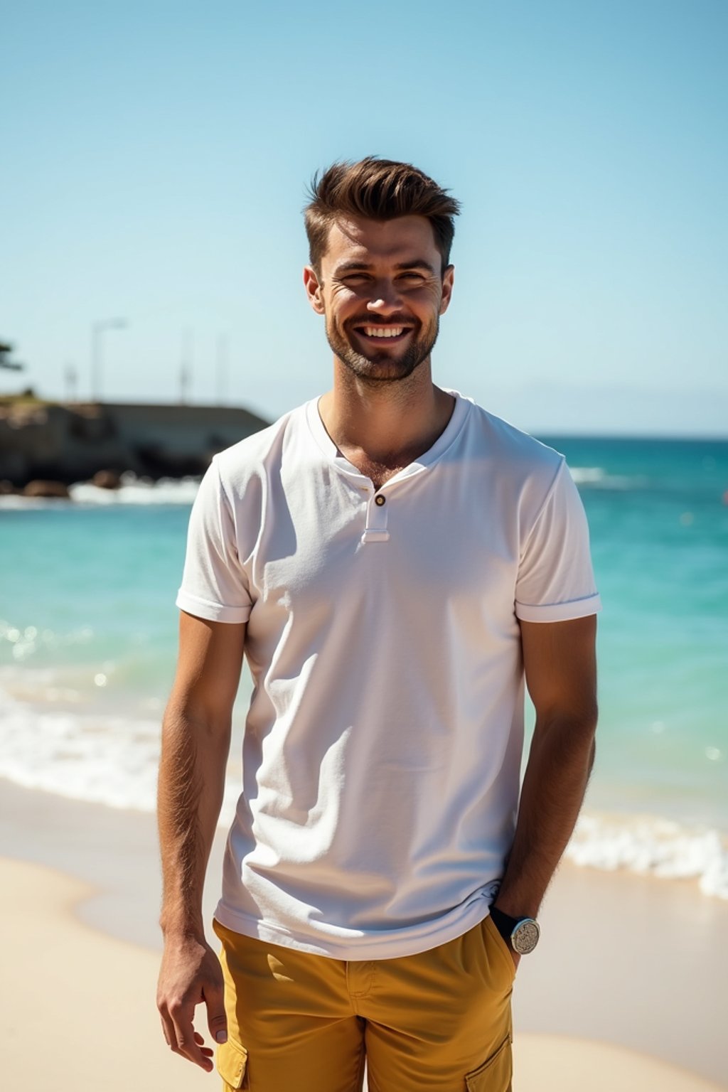 sharp and trendy man in Sydney wearing a summer dress/shorts and t-shirt, Bondi Beach in the background