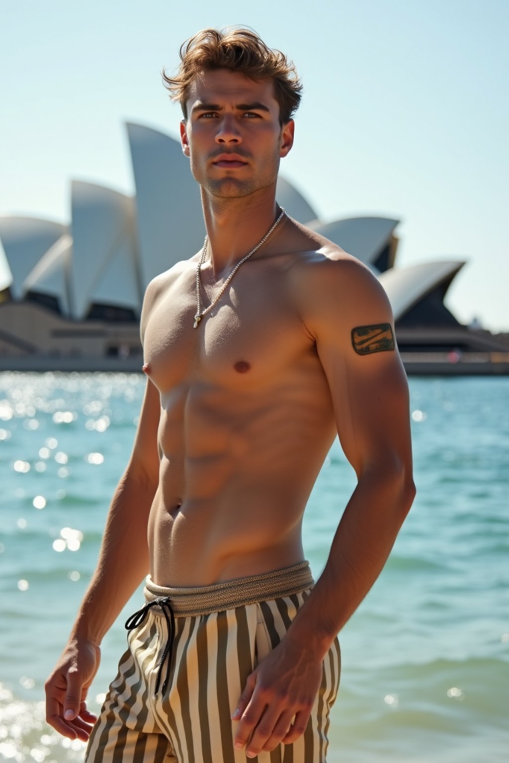 sharp and trendy man in Sydney wearing a surf-inspired outfit, Sydney Opera House in the background