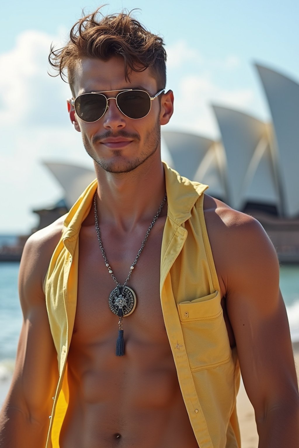 sharp and trendy man in Sydney wearing a surf-inspired outfit, Sydney Opera House in the background