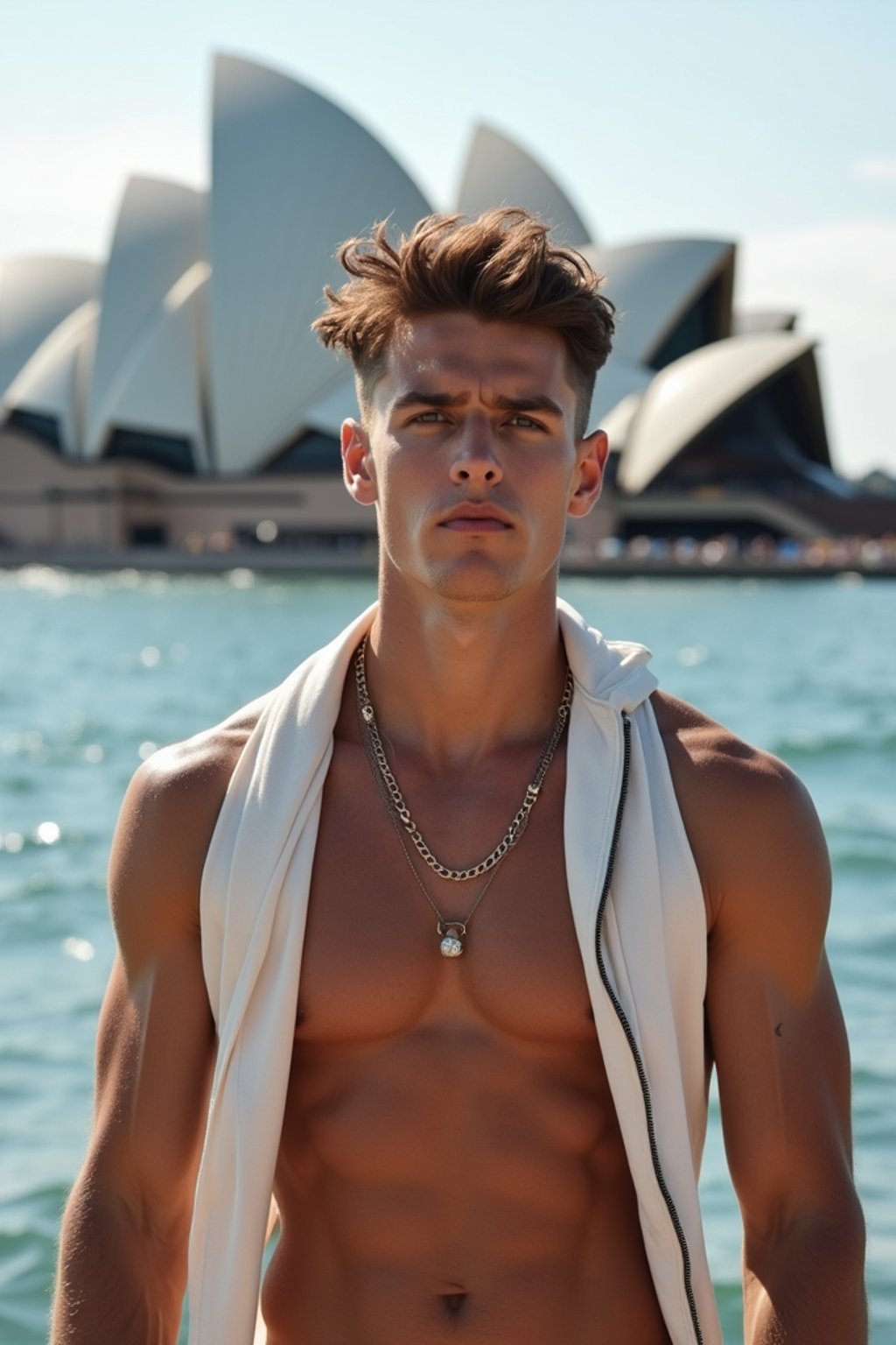 sharp and trendy man in Sydney wearing a surf-inspired outfit, Sydney Opera House in the background