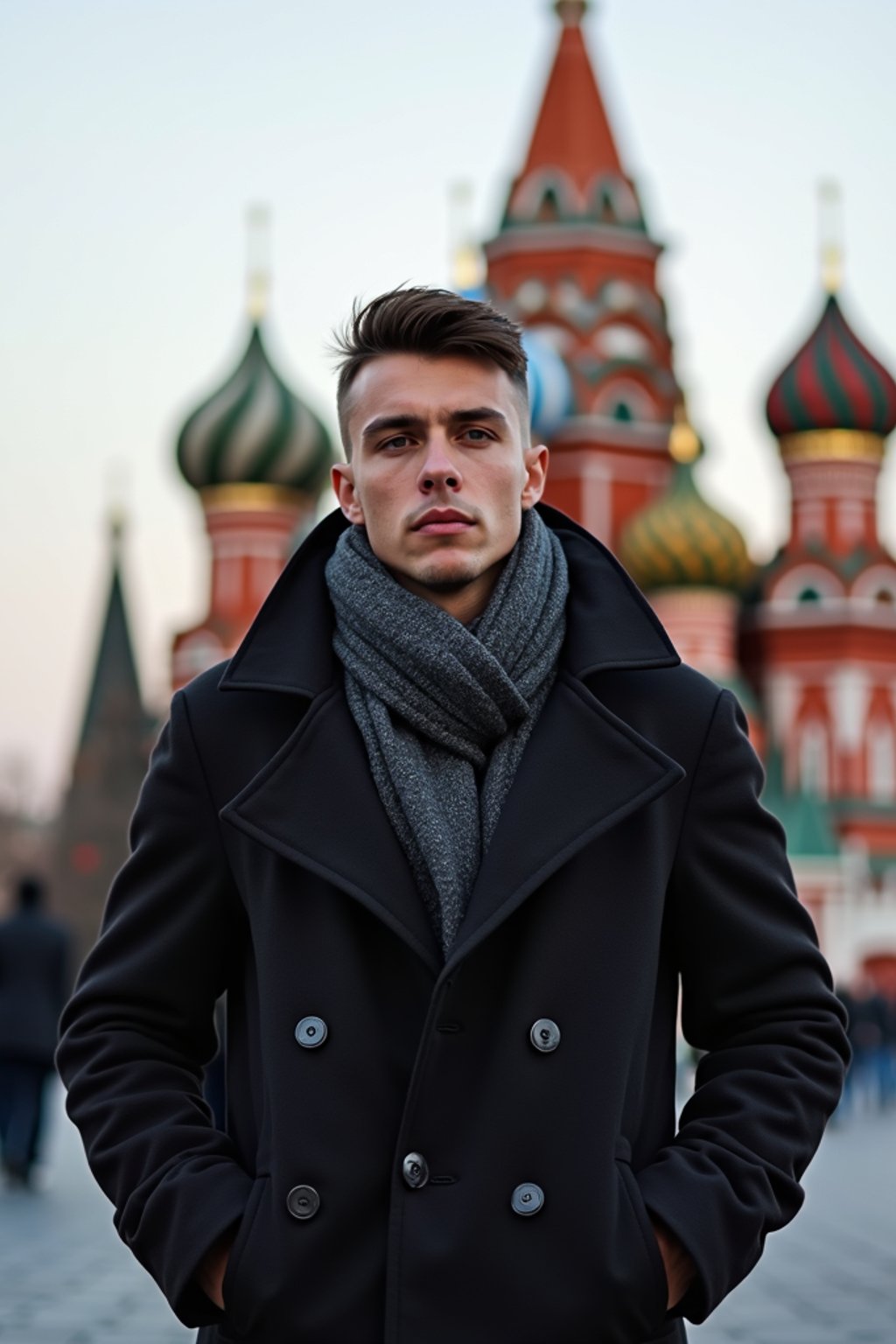 sharp and trendy man in Moscow wearing a stylish coat and scarf, Saint Basil's Cathedral in the background