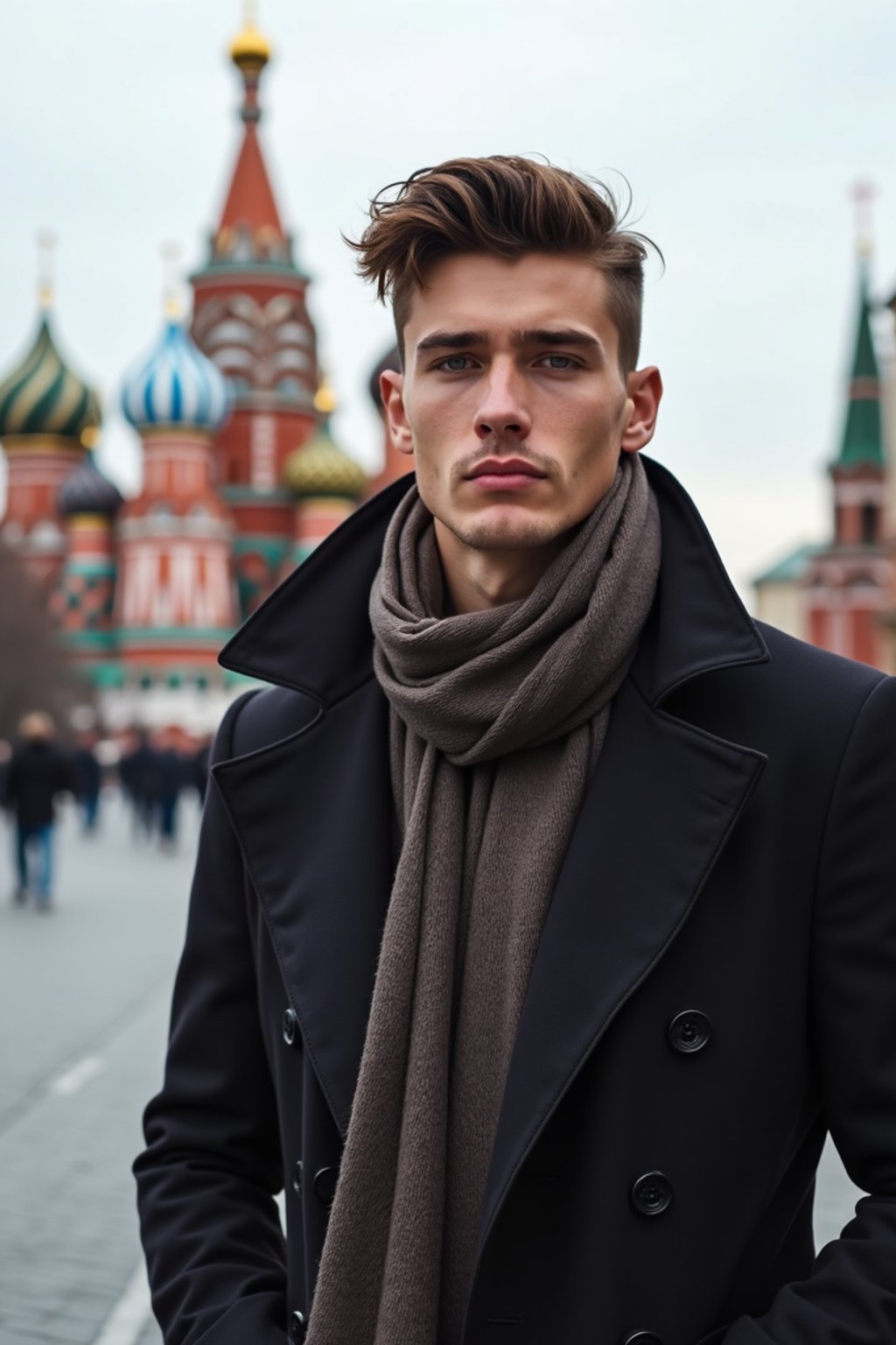 sharp and trendy man in Moscow wearing a stylish coat and scarf, Saint Basil's Cathedral in the background