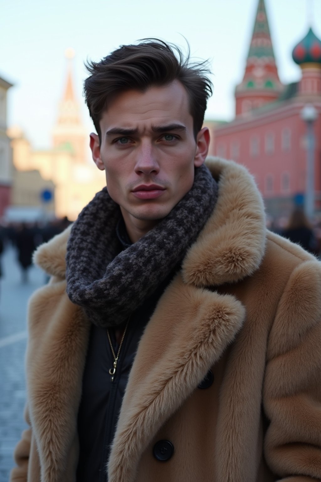 sharp and trendy man in Moscow wearing a faux fur coat, Kremlin in the background