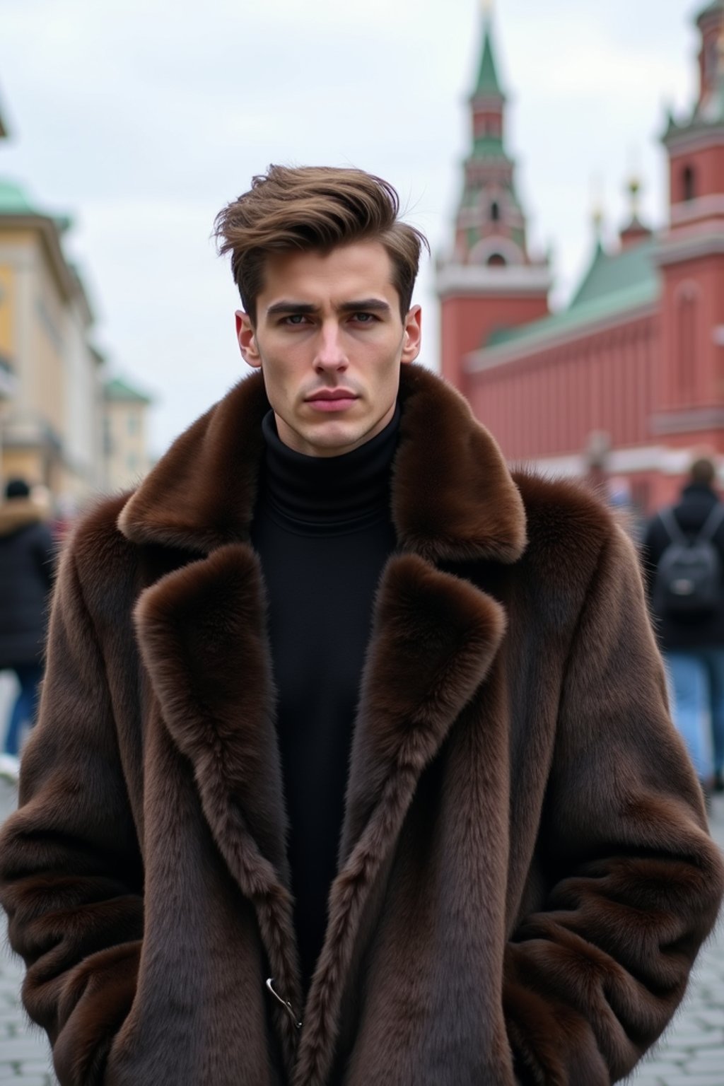 sharp and trendy man in Moscow wearing a faux fur coat, Kremlin in the background