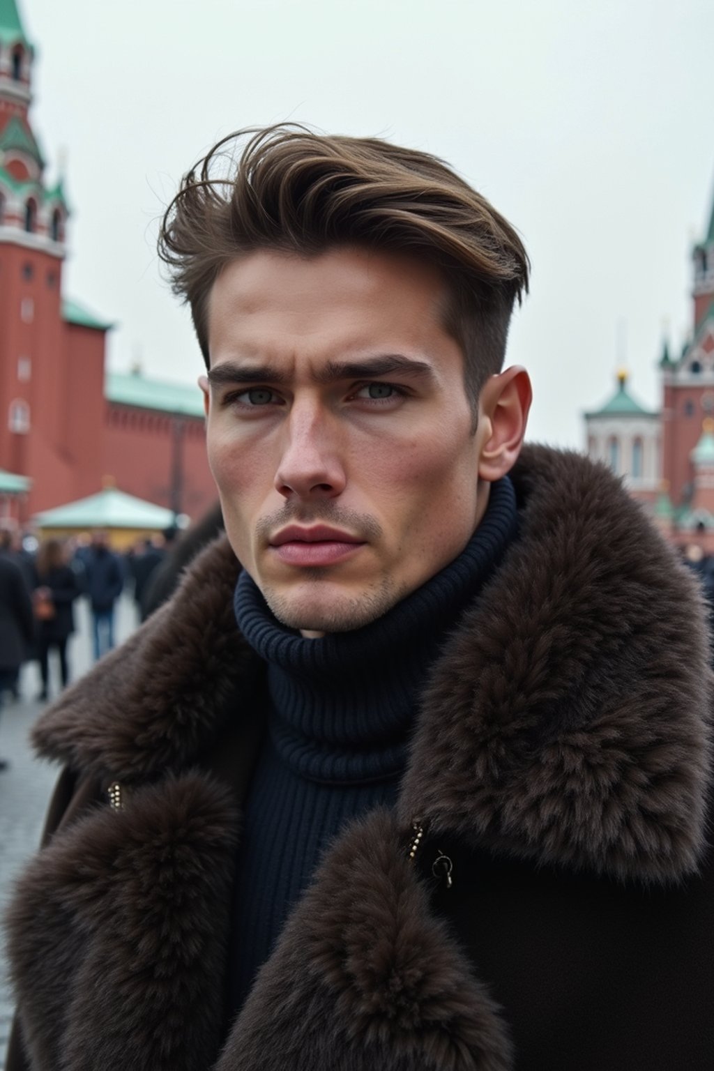 sharp and trendy man in Moscow wearing a faux fur coat, Kremlin in the background