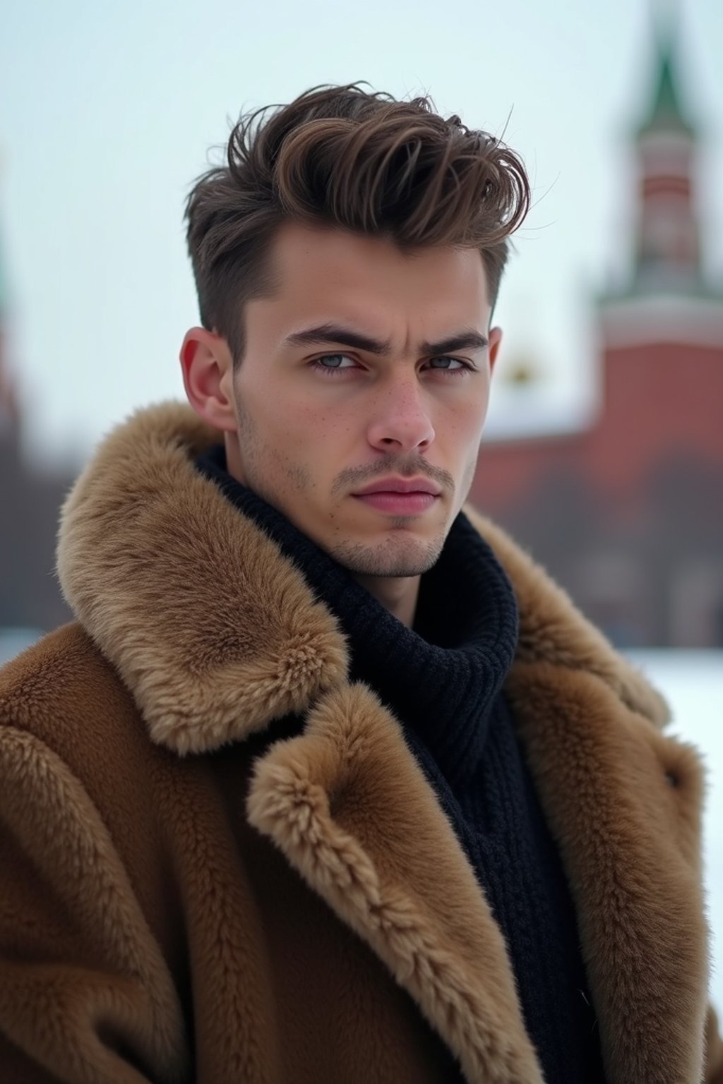 sharp and trendy man in Moscow wearing a faux fur coat, Kremlin in the background