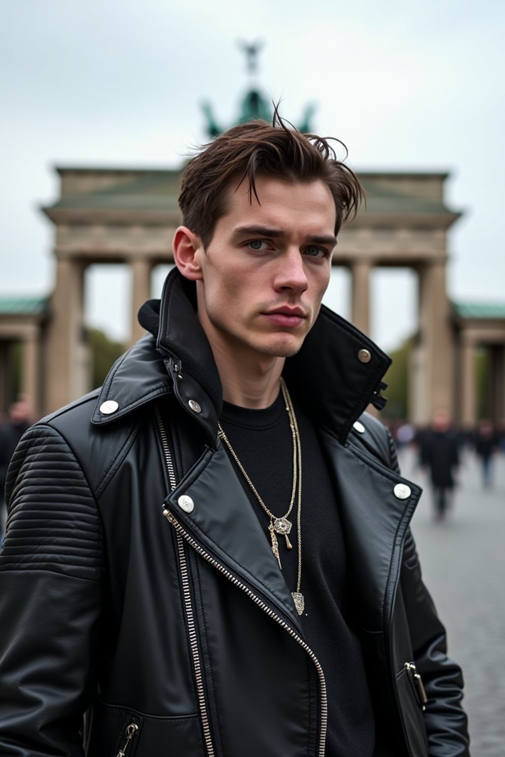 sharp and trendy man in Berlin wearing a punk-inspired outfit, Brandenburg Gate in the background