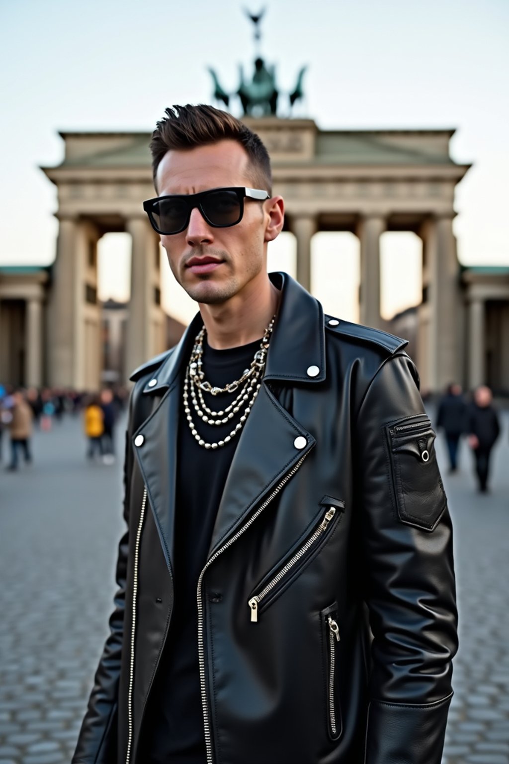 sharp and trendy man in Berlin wearing a punk-inspired outfit, Brandenburg Gate in the background