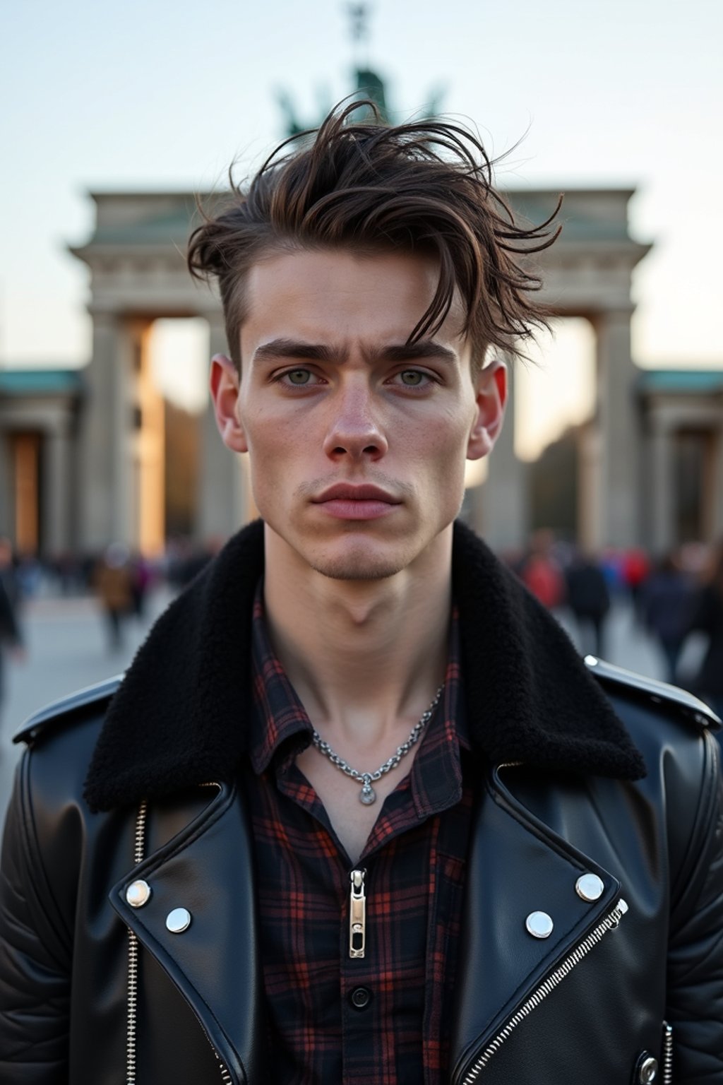 sharp and trendy man in Berlin wearing a punk-inspired outfit, Brandenburg Gate in the background