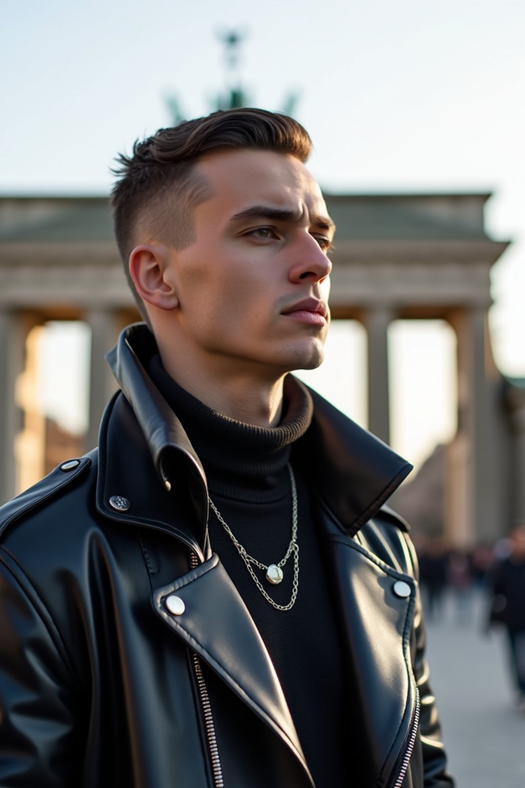 sharp and trendy man in Berlin wearing a punk-inspired outfit, Brandenburg Gate in the background