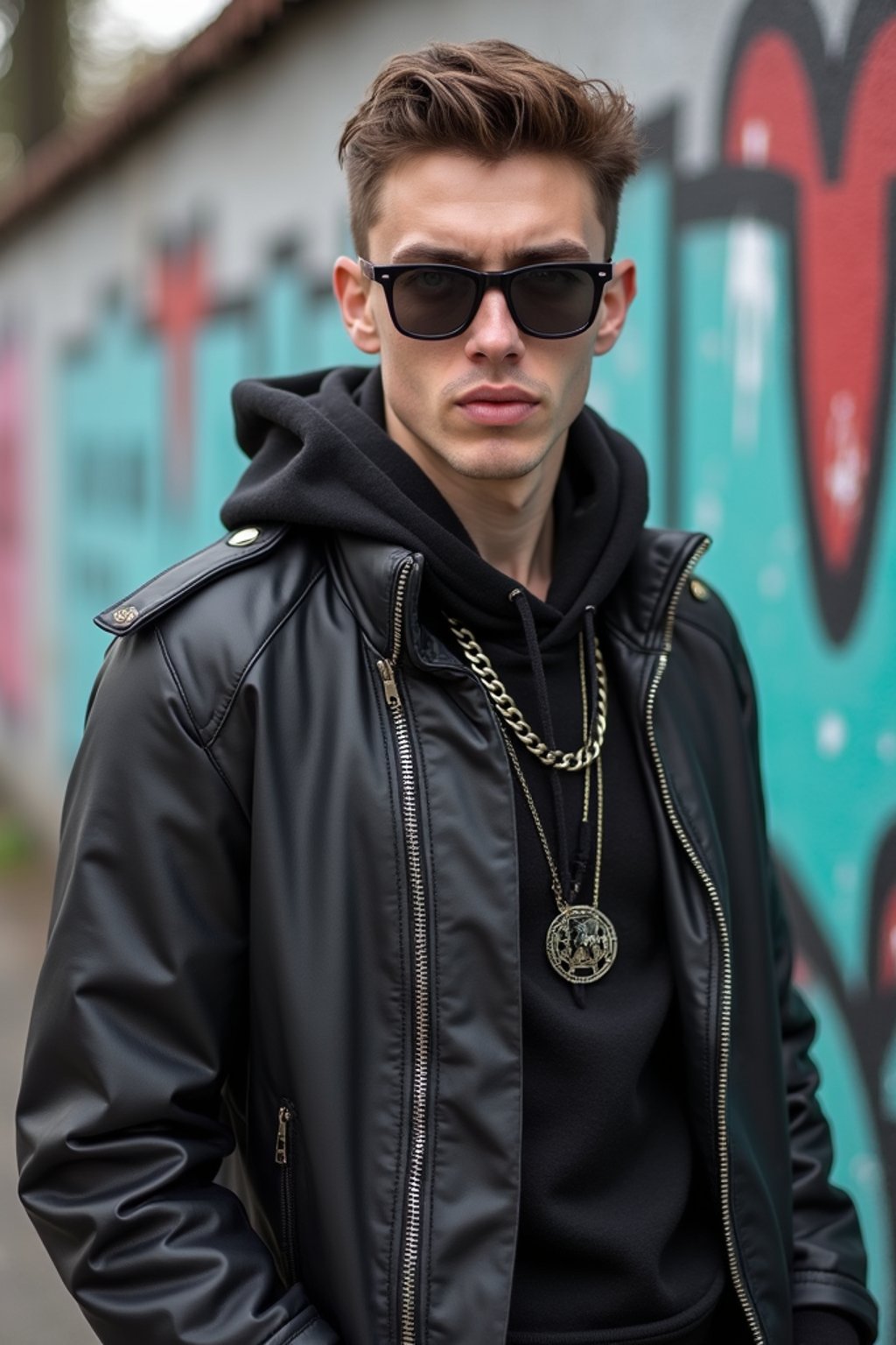 sharp and trendy man in Berlin wearing a grunge-inspired outfit, Berlin Wall in the background